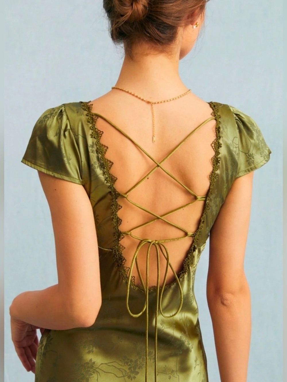 RIHOAS Olive Green Satin Maxi Dress with Lace Trim - Picture 3 of 9